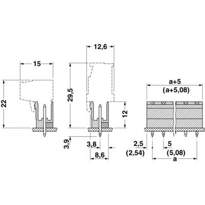 Technische Zeichnung einer Steckverbindung mit Maßen: Höhe 29,5 mm, Breite 12,6 mm, Abstand der Pins 2,54 mm, Pinlänge 3,9 mm.