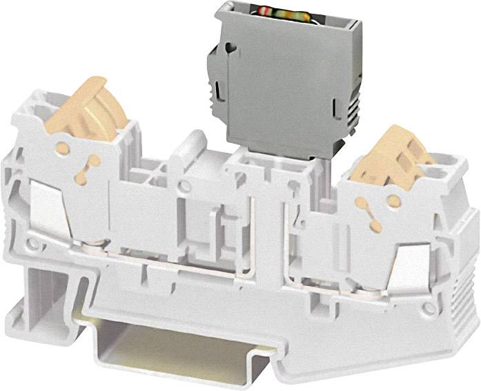 Ein elektrischer Reihenklemmenblock aus weißem Kunststoff mit grauen und kupferfarbenen Teilen, zur Kabelverbindung in Schaltschränken.