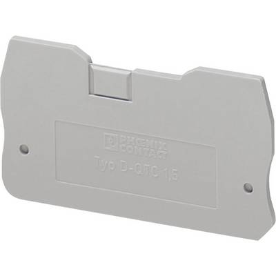 Ein grauer Endhalter der Marke Phoenix Contact, Typ D-QTC 1,5, zur Abdeckung von Anschlussbereichen in elektrischen Verbindungen.