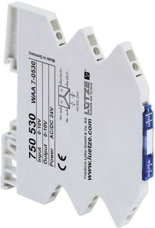 Industriekomponente von Lütze mit der Aufschrift '750 530', Schnittstellen für Ein- und Ausgangsspannung, und Diagramm.