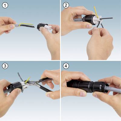 'Anleitung zur Montage von Kabelverbindern: 1. Kabel abisolieren, 2. Steckverbinder öffnen, 3. Kabel einführen, 4. Steckverbinder schließen.'