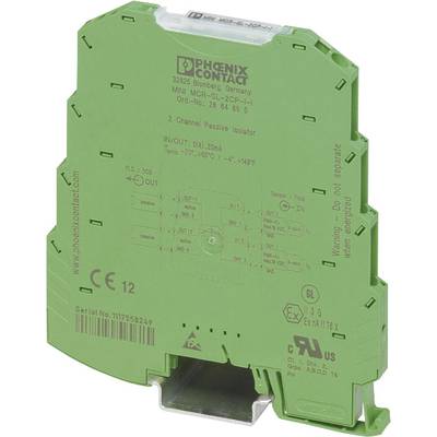 Grünes elektrisches Modul von Phoenix Contact, Modell MINI MCR-SL-2CP-I. Passiver Isolator mit technischen Spezifikationen und Seriennummer.
