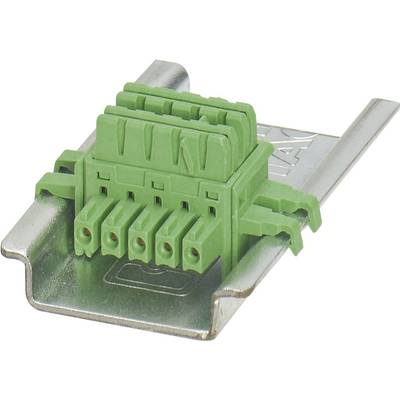 Grüner elektrischer Steckverbinder auf einer Metallhalterung, geeignet zur Befestigung an einer DIN-Schiene in elektrotechnischen Anwendungen.