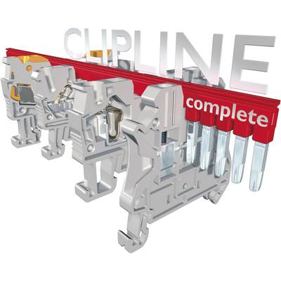 Stromverteilungsklemme mit dem Text 'CLIPLINE complete' oben, zeigt Komponenten zur elektrischen Verbindung in einem Schaltsystem.
