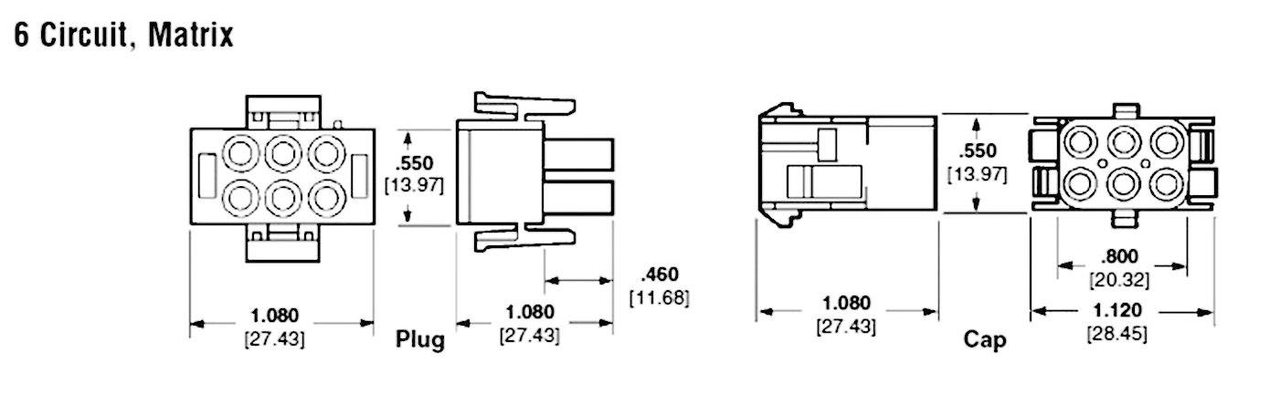 '6 Circuit, Matrix': Diagramm von Stecker und Kappe mit Abmessungen in Zoll und Millimeter. Steckersymbol zeigt 5 zylindrische Anschlüsse.