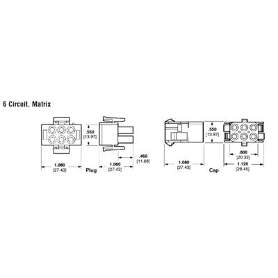 '6 Circuit, Matrix': Diagramm von Stecker und Kappe mit Abmessungen in Zoll und Millimeter. Steckersymbol zeigt 5 zylindrische Anschlüsse.