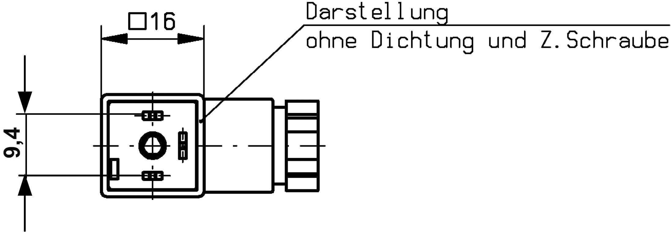 Technische Zeichnung eines Steckers ohne Dichtung und Schraube, Maße 16 mm x 9,4 mm, detailliert beschriftet.