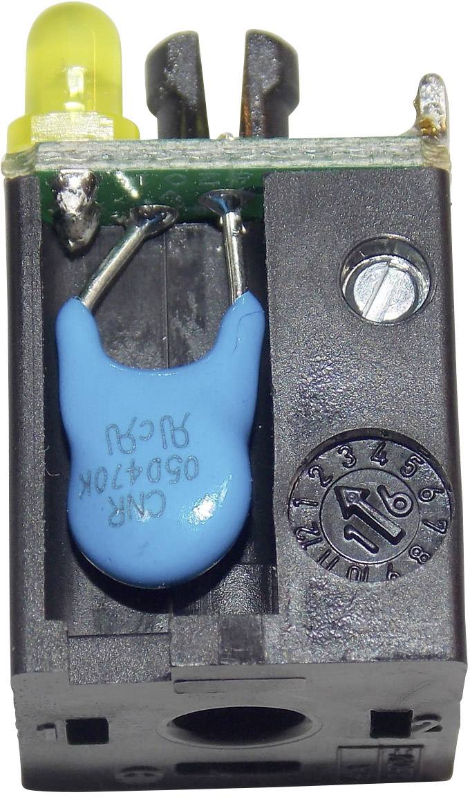 Ein elektronisches Bauteil mit einer gelben LED, einem blauen Kondensator und einem einstellbaren Regler in schwarzem Gehäuse.
