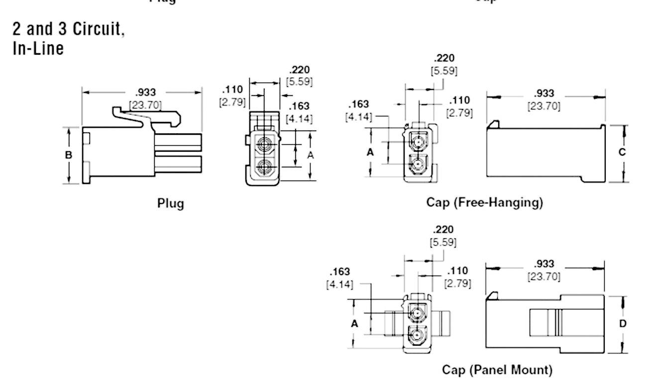 '2 and 3 Circuit, In-Line' zeigt technische Zeichnungen von Steckverbindern mit Maßen in Zoll für Plug, Free-Hanging Cap und Panel Mount Cap.