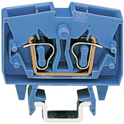 Eine blaue elektrische Steckverbindung mit zwei Metallelementen in der Mitte, möglicherweise für die Verkabelung oder elektrische Installationen.