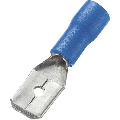 Ein blauer isolierter Kabelschuh mit Metallstecker, oft in elektrischen Verbindungen verwendet, zeigt eine Flachsteckerform.