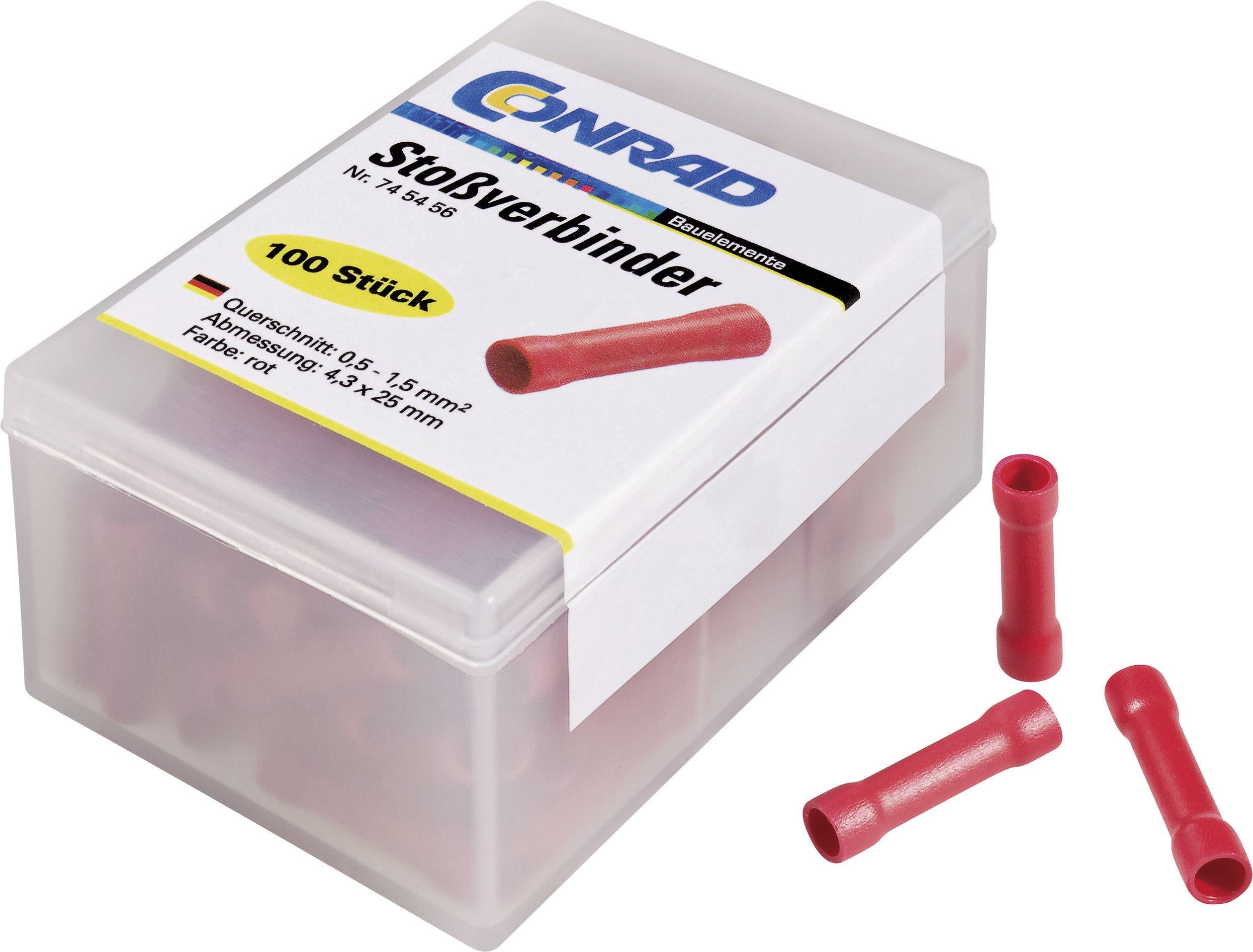 Eine Plastikbox mit roten Stoßverbindern. Etikett zeigt 'Stoßverbinder, 100 Stück, Querschnitt: 0,5-1,5 mm²'. Vier Verbinder daneben.