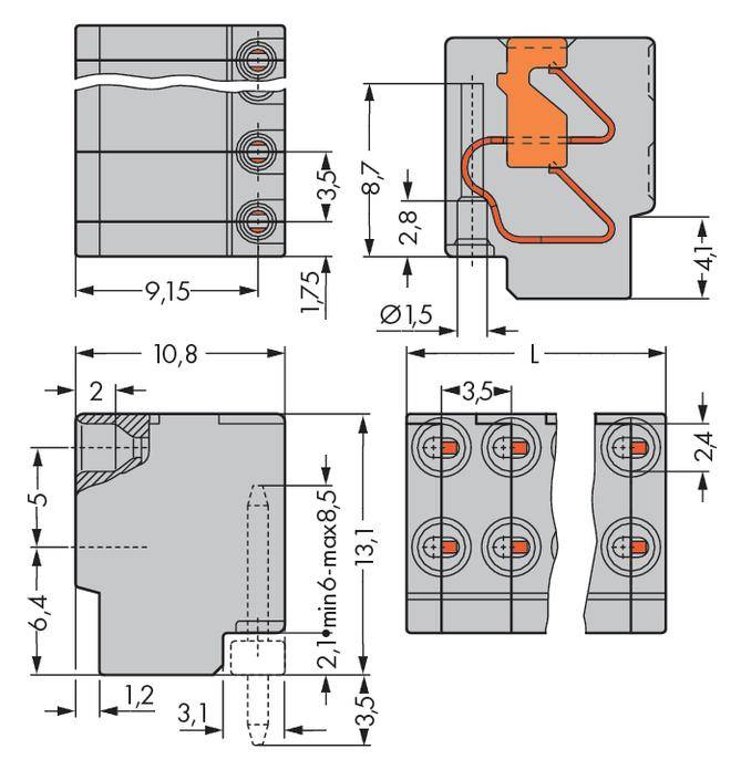 Technische Zeichnung eines mechanischen Bauteils mit Maßen. Zeigt Ansichten von vorne, oben und seitlich, mit Drahtverbindungen.