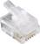 Ein transparenter Ethernet-Stecker mit acht goldenen Kontakten, der für Netzwerkverbindungen verwendet wird.