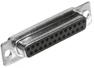 Ein silberner, rechteckiger, weiblicher D-Sub-Stecker mit mehreren kleinen Löchern, montiert auf einer Metallplatte mit zwei Schraubenlöchern.