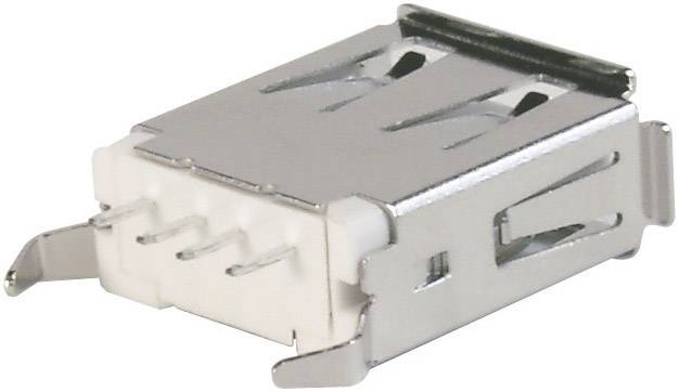 Ein USB-Buchsenanschluss aus Metall und Kunststoff, der zur Verbindung von Geräten für Datenübertragung oder Stromversorgung dient.