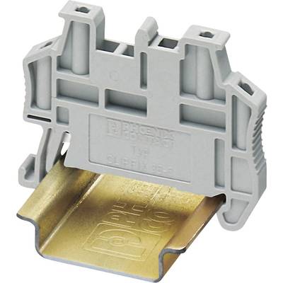 Grauer, sperrförmiger Klemmblock (typisch für elektrische Anwendungen) mit metallischer Klemmvorrichtung, beschriftet mit 'Phoenix'.