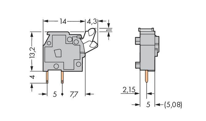 Zeichnung eines technischen Schalters mit Maßen: Breite 14 mm, Höhe 13,2 mm, Tiefe 4,3 mm. zeigt vordere und seitliche Ansichten.