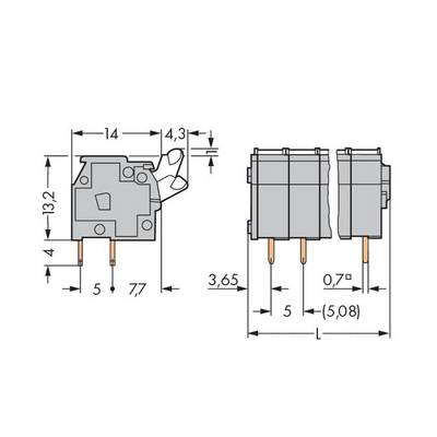 Technische Zeichnung eines Microschalters mit Abmessungen: Höhe 13,2 mm, Breite 14 mm, Tiefe 5 mm. Seitliche und frontale Ansicht.
