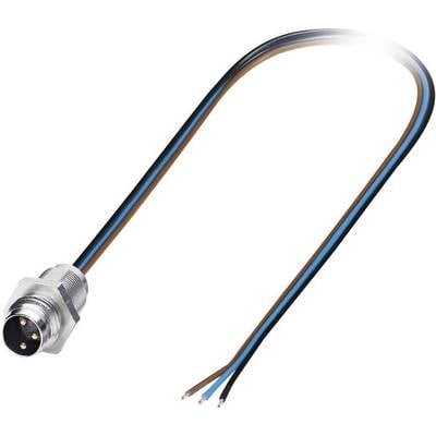 Metall-Steckverbinder mit drei offenen Kabelenden in den Farben Braun, Blau und Schwarz.