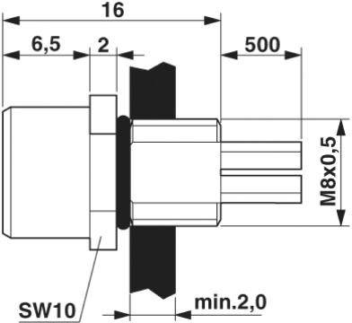 Technische Zeichnung eines Steckerteils; Maße und Gewinde M8x0,5 angegeben; seitliche Ansicht zeigt Größen und Abstände in Millimetern.