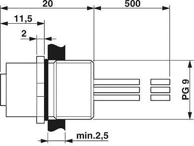 Technische Zeichnung eines zylindrischen Steckverbinders. Maße: Länge 500 mm, PG 9; seitliche Anschlüsse.