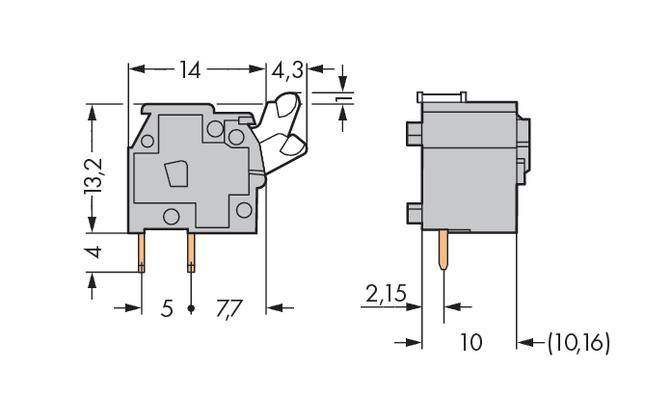 Zwei technische Zeichnungen eines Mikroschalters mit Maßen: Links Gesamtansicht mit 14x13,2 mm; Rechts seitliche Ansicht, Höhe 10 mm.