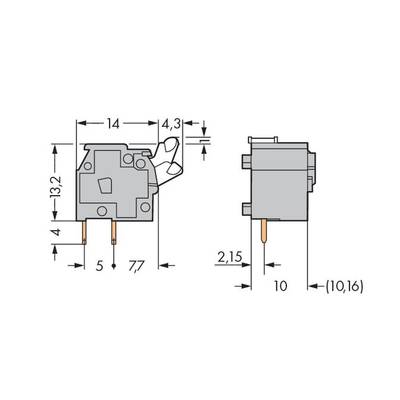Zwei technische Zeichnungen eines Mikroschalters mit Maßen: Links Gesamtansicht mit 14x13,2 mm; Rechts seitliche Ansicht, Höhe 10 mm.