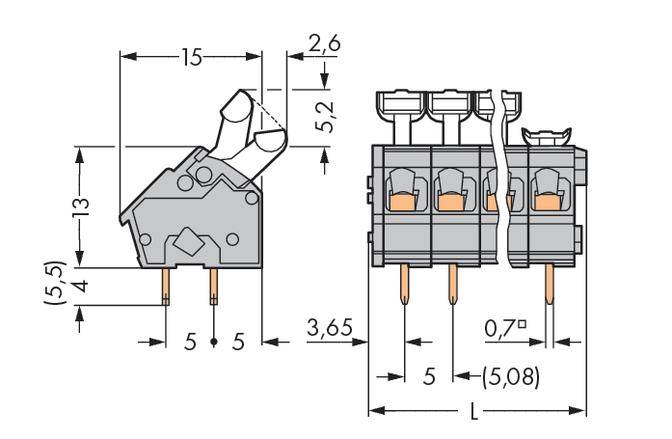 Technische Zeichnung von einem elektrischen Steckverbinder, mit detaillierten Abmessungen in Millimetern für Länge, Breite und Höhe.