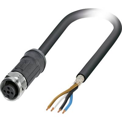 Kabel mit einem M12-Stecker auf der linken Seite und vier isolierten Drahtenden auf der rechten Seite, geeignet für industrielle Anwendungen.
