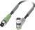 'M8-Kabel mit 4-poligem Stecker und Buchse, gewinkelt. Geeignet für industrielle Anwendungen, bietet sichere und robuste Verbindungen.'