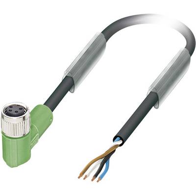 Grünes M12-Steckerkabel mit vier abisolierten Drähten: blau, braun, schwarz, weiß. Geeignet für industrielle Verbindungen.