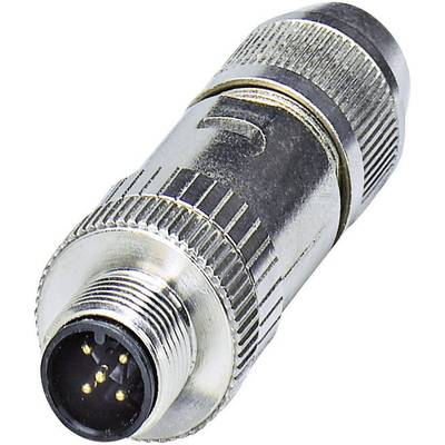 Ein fünfpoliger M12-Stecker mit Metallgehäuse, oft in industriellen Anwendungen für Sensorverbindungen verwendet.