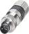 Ein silberner, runder Stecker mit drei sichtbaren Kontakten, der für industrielle Anwendungen oder Kabelverbindungen genutzt wird.