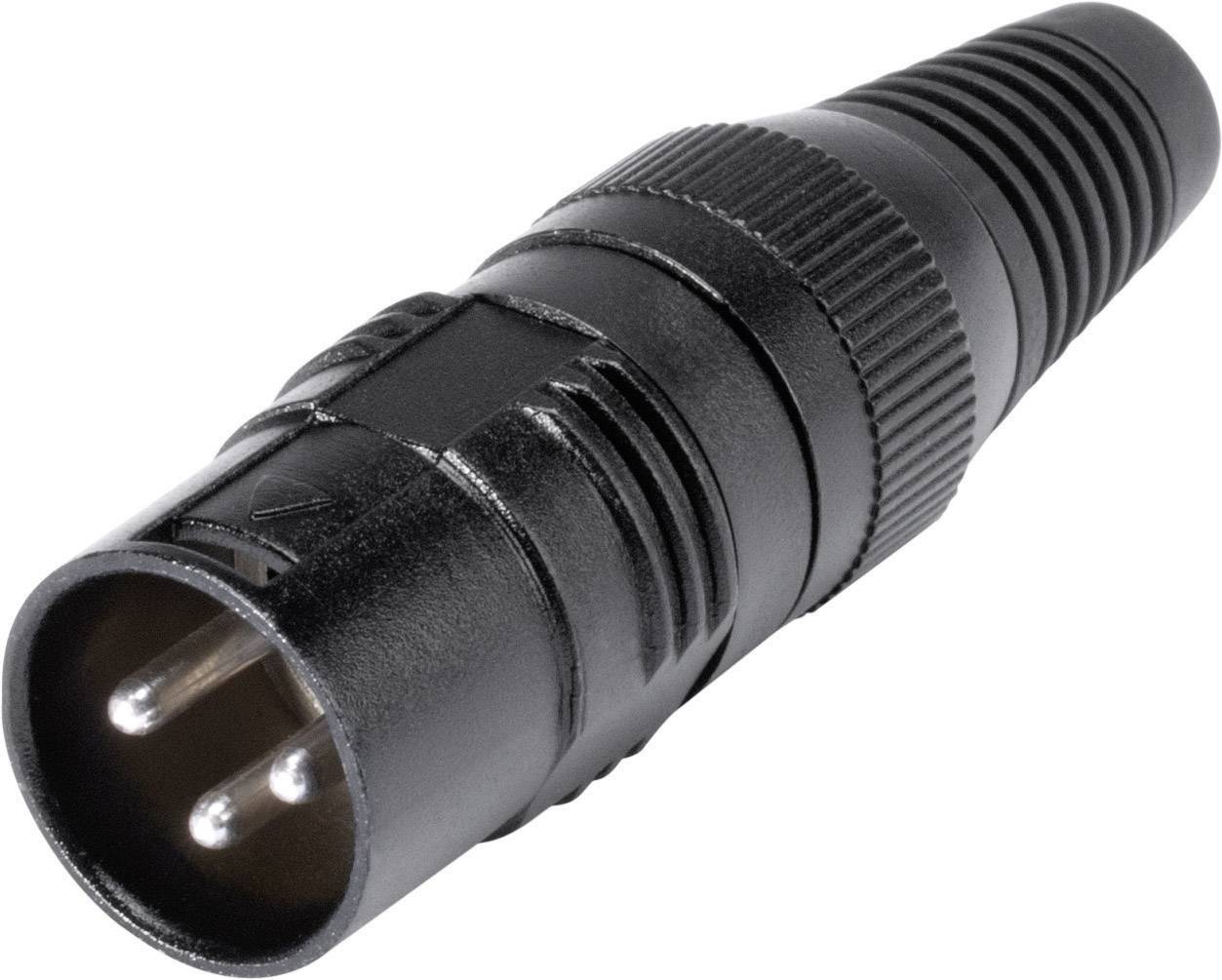 Schwarzer XLR-Stecker mit drei Metallstiften, meist verwendet in Audio- und Studiogeräten für professionelle Tonverbindungen.