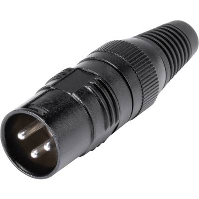 Schwarzer XLR-Stecker mit drei Metallstiften, meist verwendet in Audio- und Studiogeräten für professionelle Tonverbindungen.