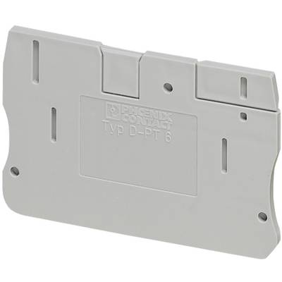 Graue Abdeckplatte der Marke Phoenix Contact, Typ D-PT 6, zur Sicherung und Abdeckung elektrischer Anschlussklemmen.