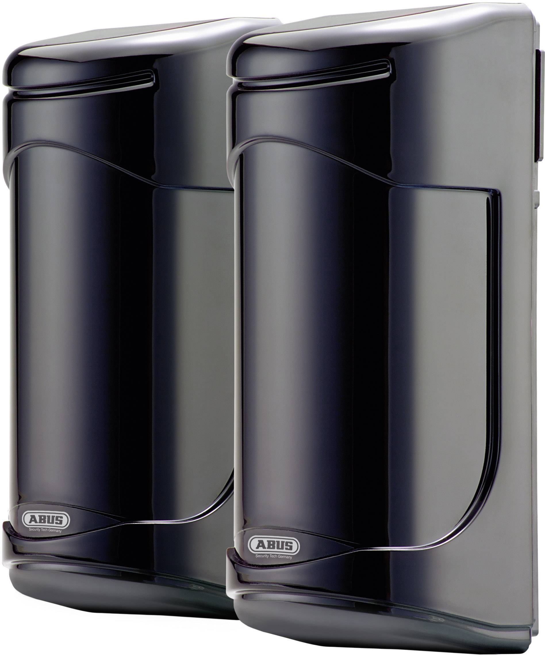 Zwei schwarze, moderne Bewegungsmelder von Abus, nebeneinander montiert. Sie haben einen glänzenden, schlanken Look.
