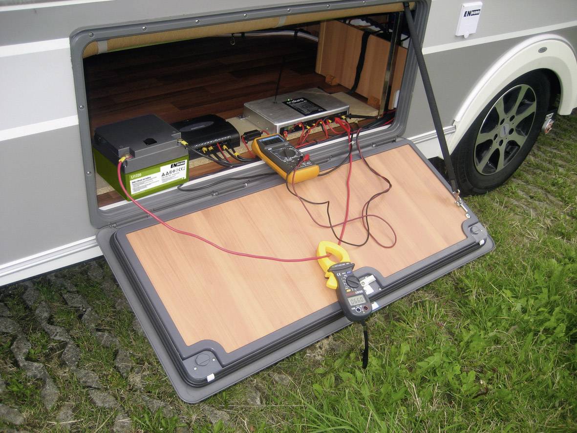 Ein geöffnetes Wohnmobilfach zeigt Batterien und Messgeräte im Einsatz, die mit Kabeln verbunden sind. Messungen werden durchgeführt.