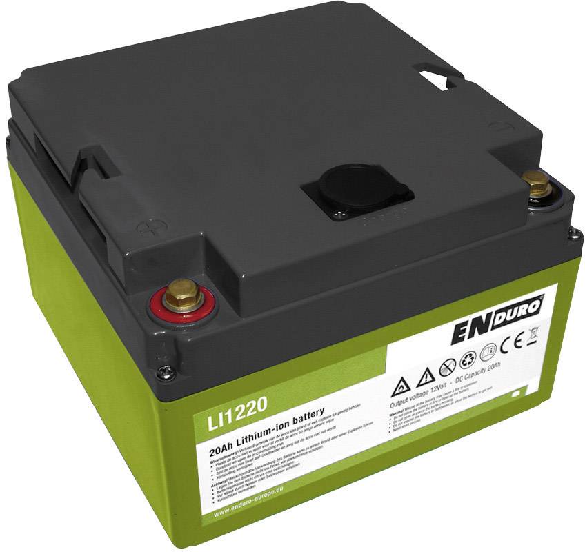 Lithium-Ionen-Batterie mit grüner Basis und grauer Oberseite. Beschriftet mit 'ENDURO LI1220 20Ah'. Sicherheits- und Entsorgungssymbole sichtbar.