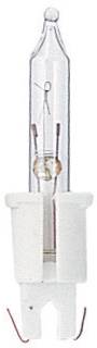 Halogenlampe mit klarer Glasröhre, dünnem Metallfaden und zwei Kontaktstiften unten, aufrecht stehend.