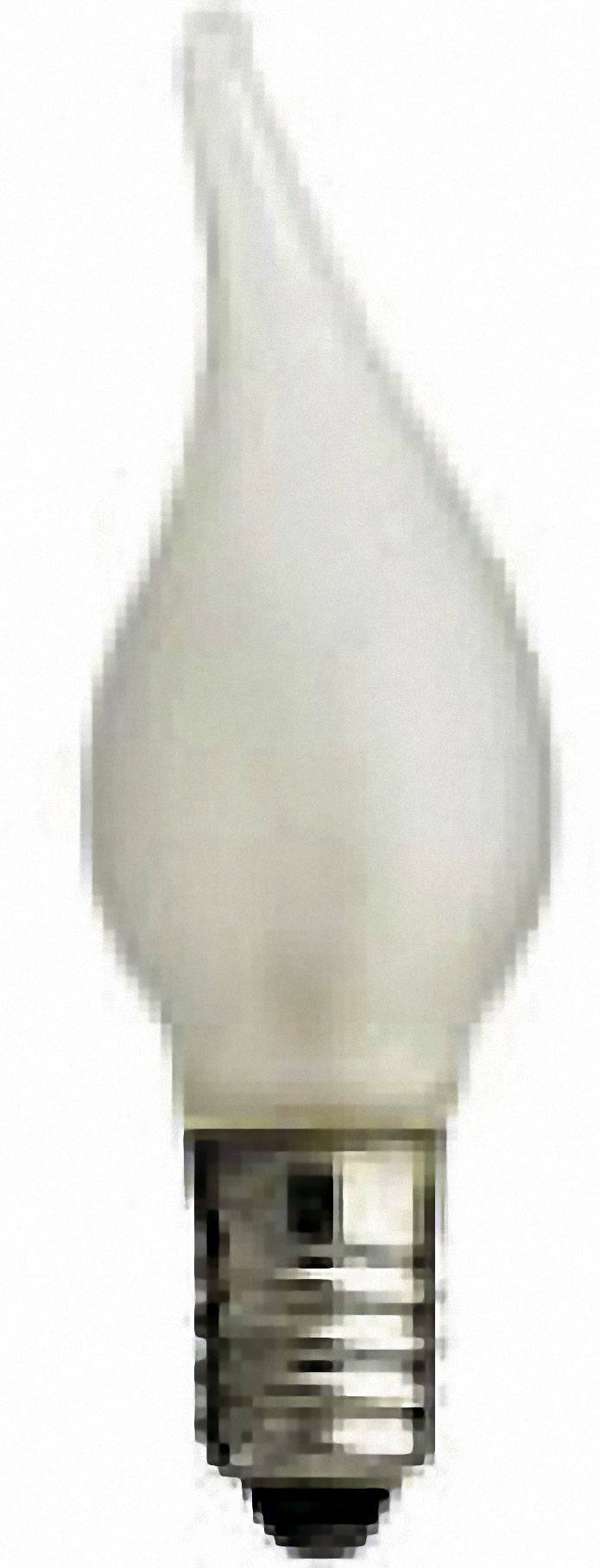 Kerzenförmige Glühbirne mit E14-Sockel, das matte Glas sorgt für eine gleichmäßige Lichtverteilung.