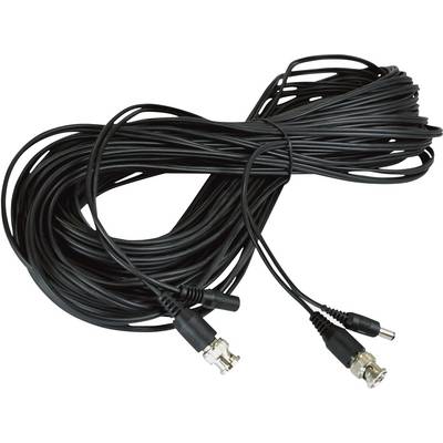 Ein langes schwarzes Koaxialkabel mit BNC-Steckern an beiden Enden, aufgerollt und bereit zur Verwendung für Videoübertragungen.