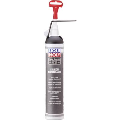 Eine schwarze Silikondichtmasse der Marke Liqui Moly mit rotem Griff und Sprühmechanismus, geeignet für vielseitige Abdichtarbeiten.