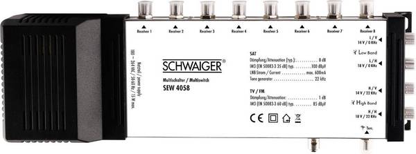 Schwaiger SEW4058 SAT Multischalter Eingänge (Multischalter): 5 (4 SAT/1 terrestrisch) Teilnehmer-Anzahl: 8 Quad-LNB-tauglich