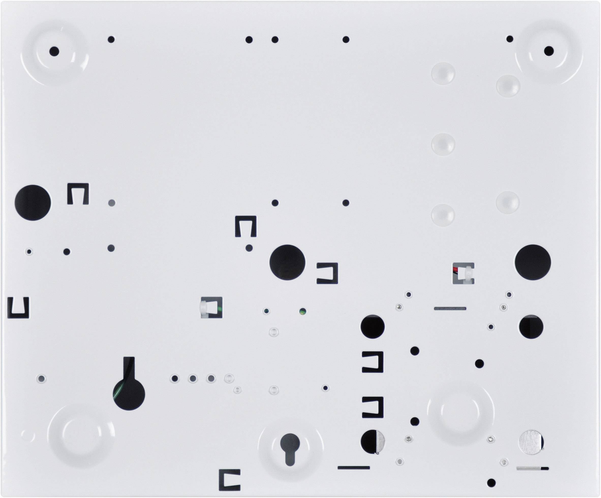 Eine weiße Oberfläche mit schwarzen Quadraten und Kreisen in verschiedenen Größen und Anordnungen. Die Formen wirken zufällig verteilt.