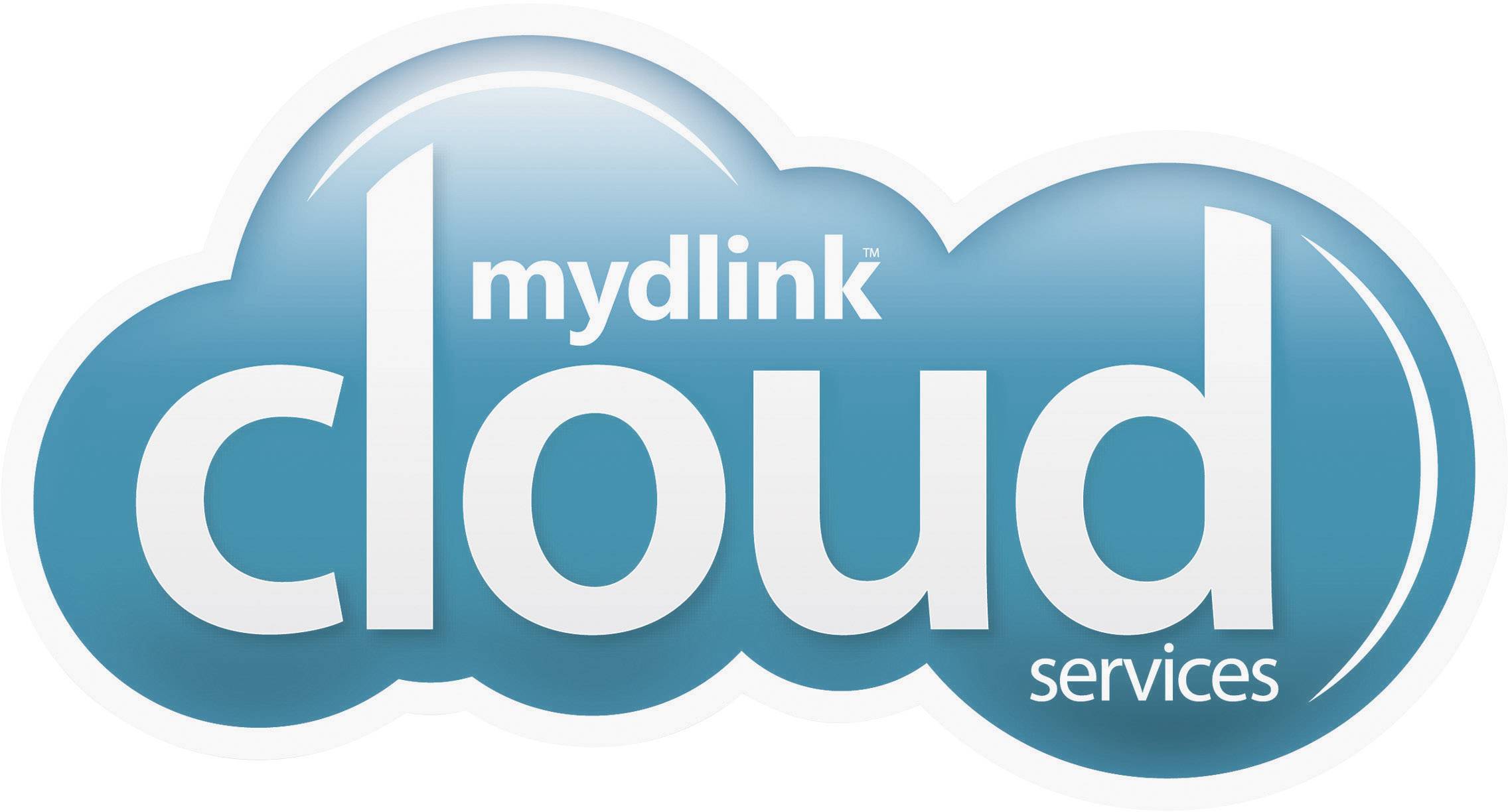 Ein Logo mit der Aufschrift 'mydlink cloud services' in weißen Buchstaben auf einem blauen Wolkenhintergrund.