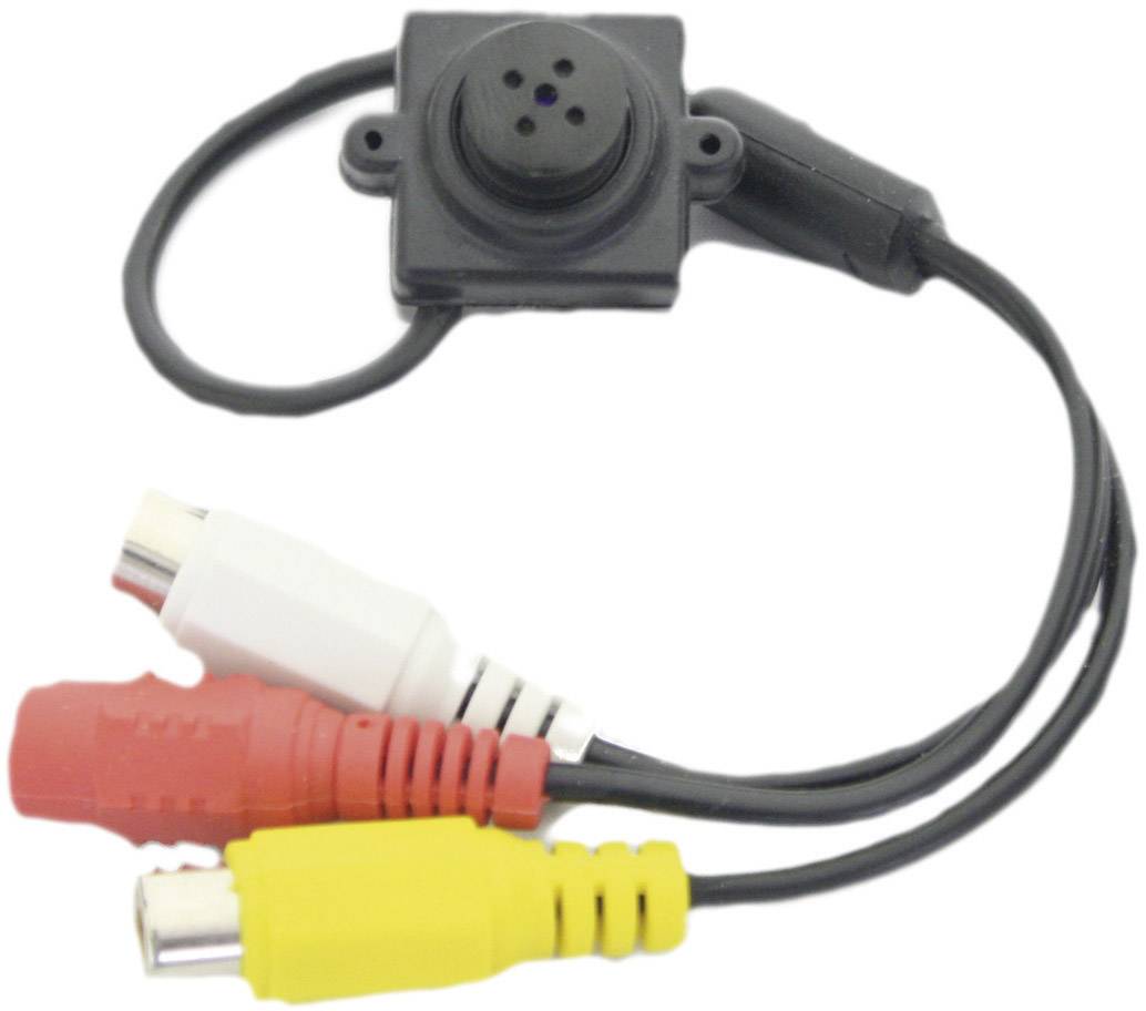 Schwarz-weiße Mini-Kamera mit drei Video- und Audiokabeln in Rot, Weiß und Gelb für Überwachungszwecke.