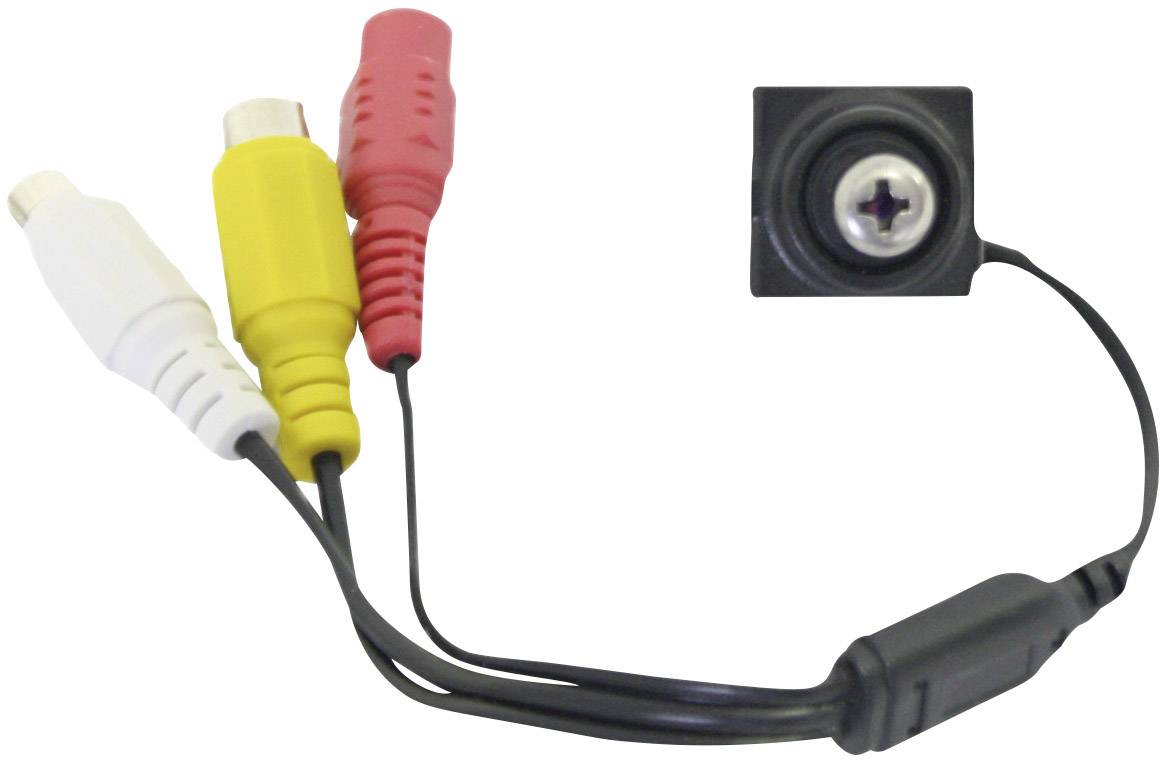 Drei Cinch-Stecker in Weiß, Rot und Gelb verbunden mit einer kleinen Kamera.