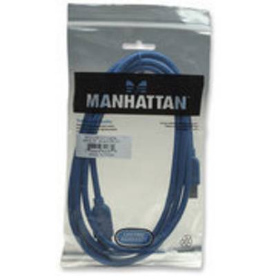 Eine Packung mit einem blauen Manhattan USB-Kabel, verpackt in einer durchsichtigen Kunststoffhülle.